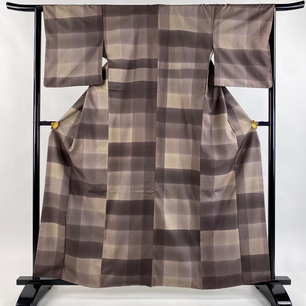 小紋 身丈161.5 cm 裄丈64 M 袷 千年工房 落款 格子 地紋 焦茶色 正絹