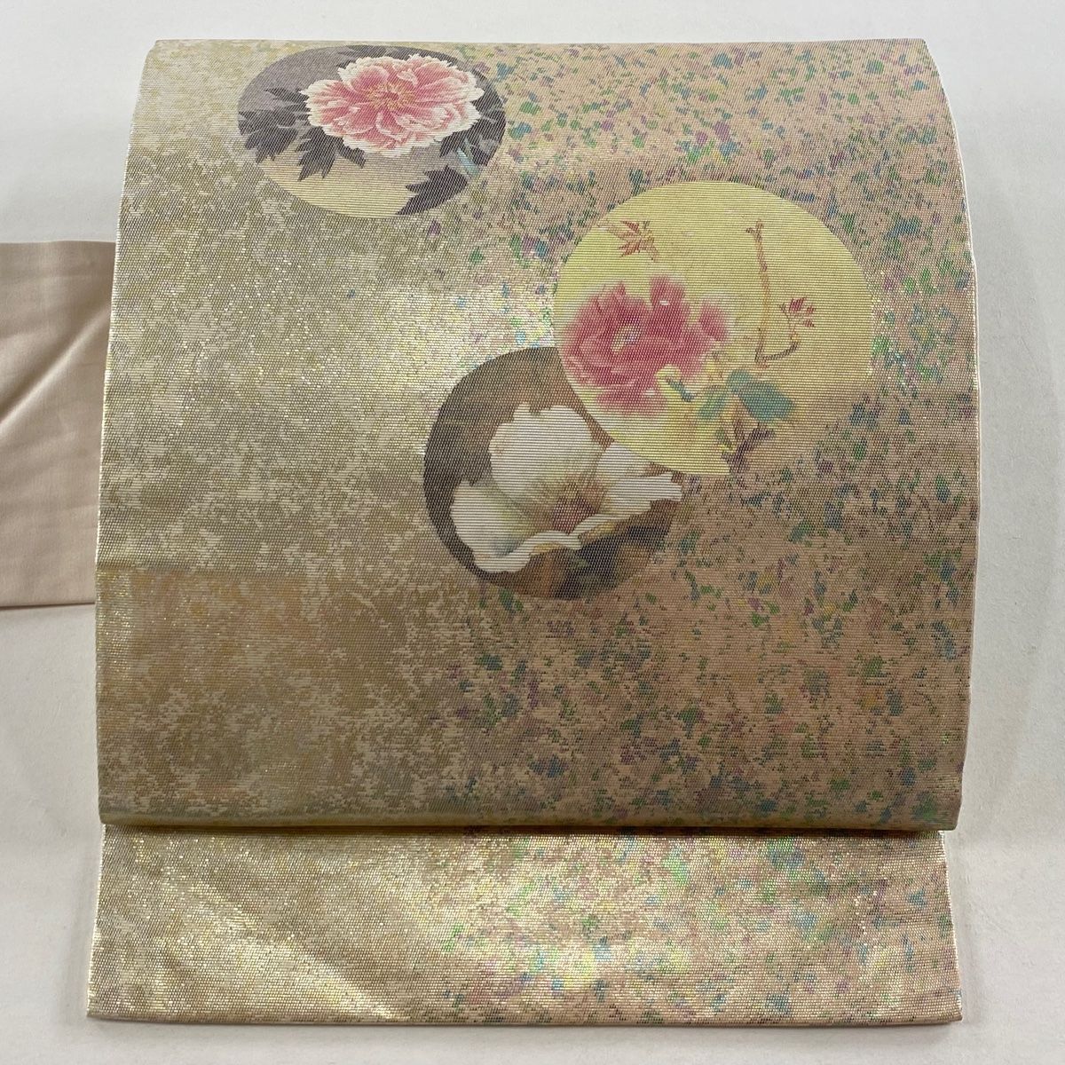 名古屋帯 秀品 枝花 丸文 箔 金銀彩 薄ピンク 正絹