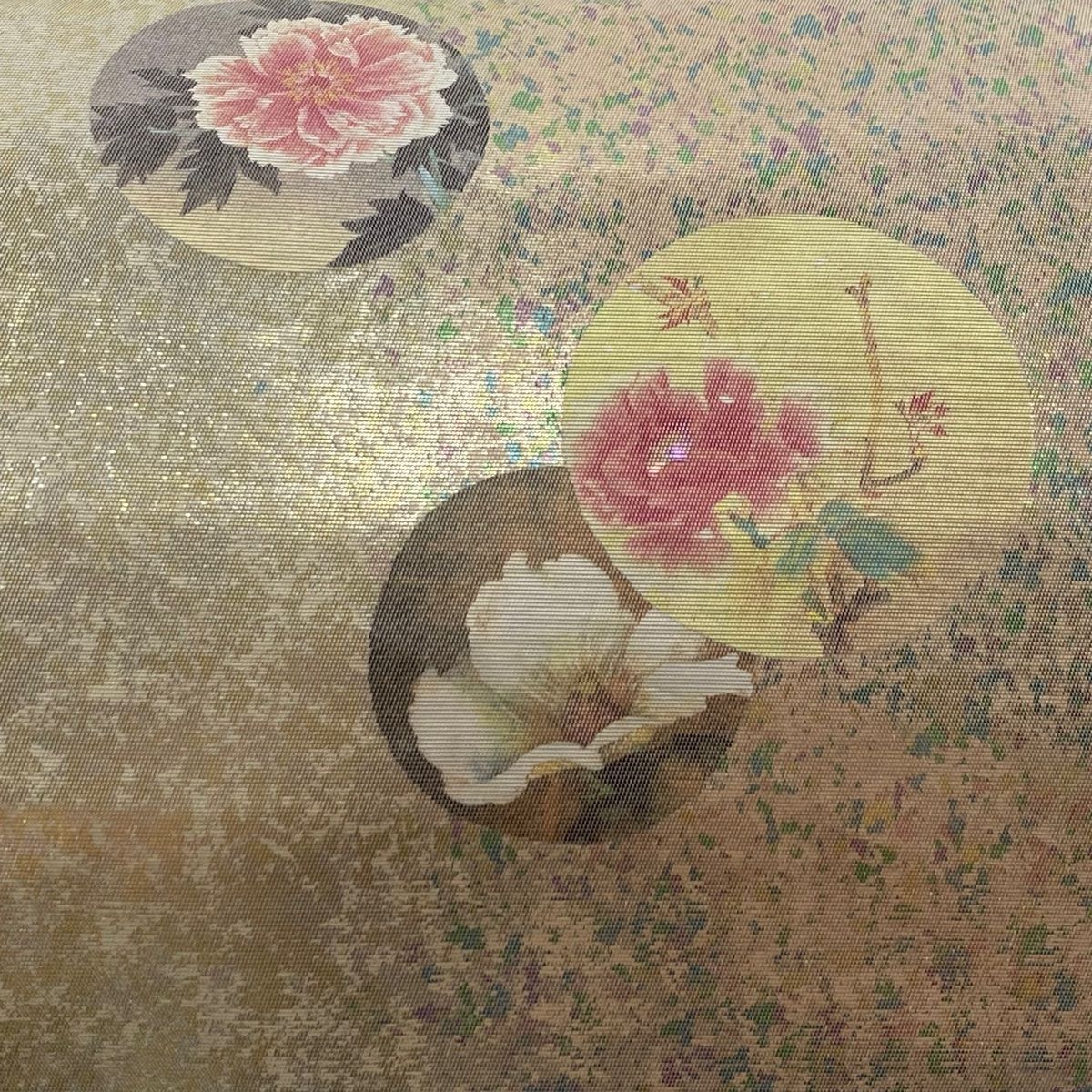 名古屋帯 秀品 枝花 丸文 箔 金銀彩 薄ピンク 正絹