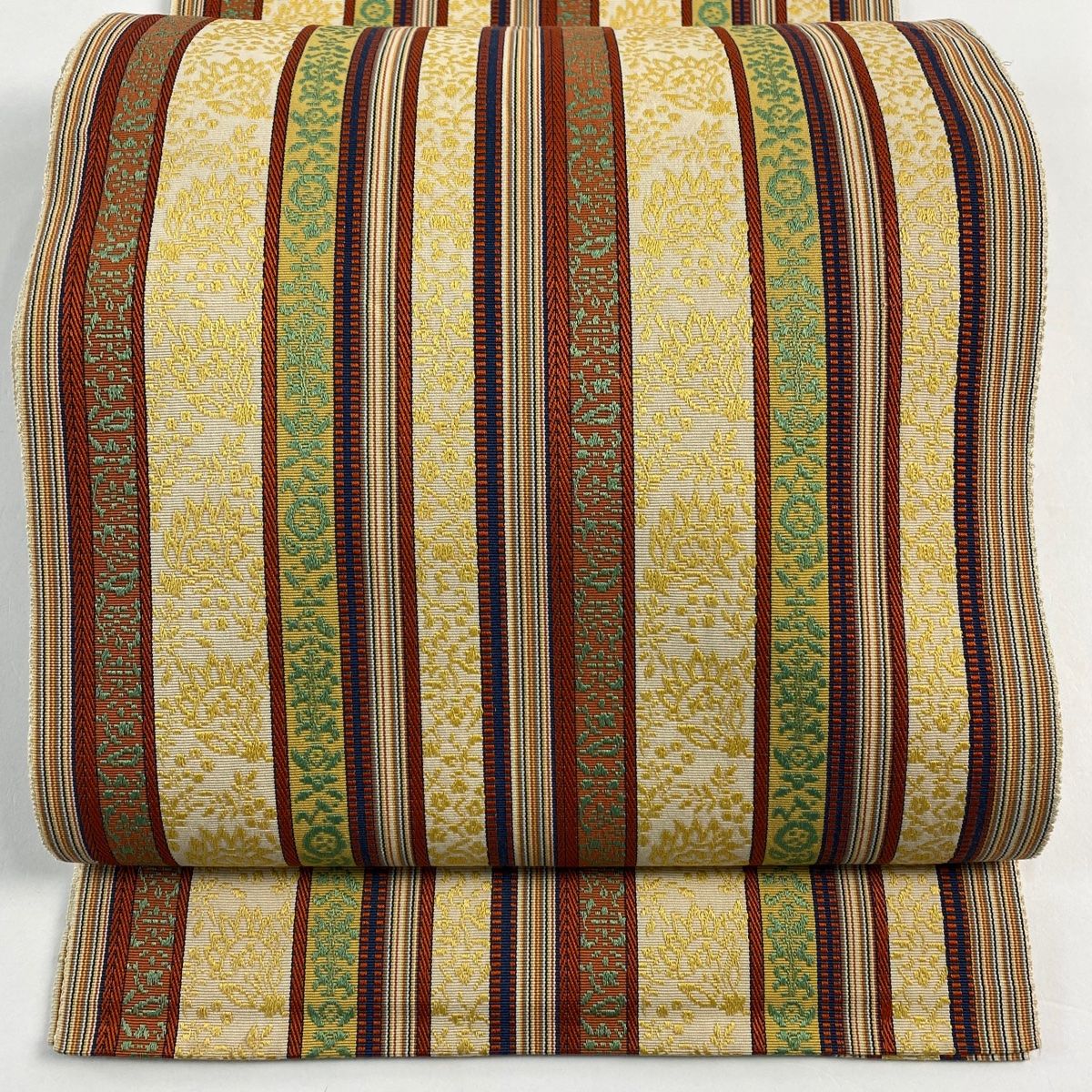 名古屋帯 秀品 八寸名古屋帯 縞 草花 クリーム 正絹