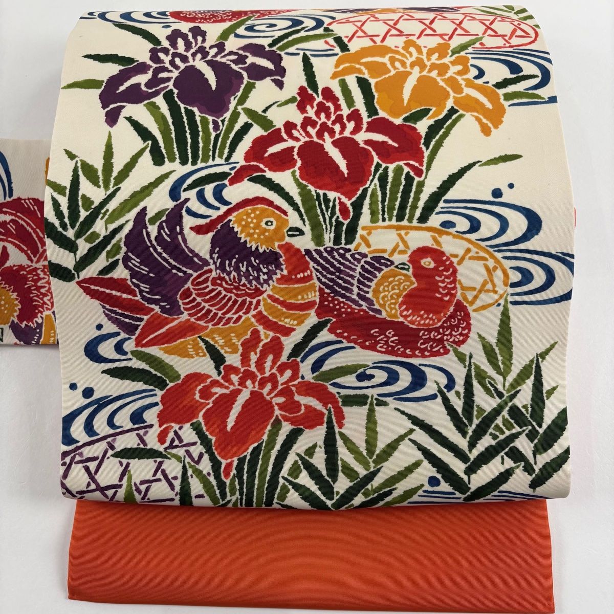 名古屋帯 秀品 鴛鴦 草花 オレンジ 正絹