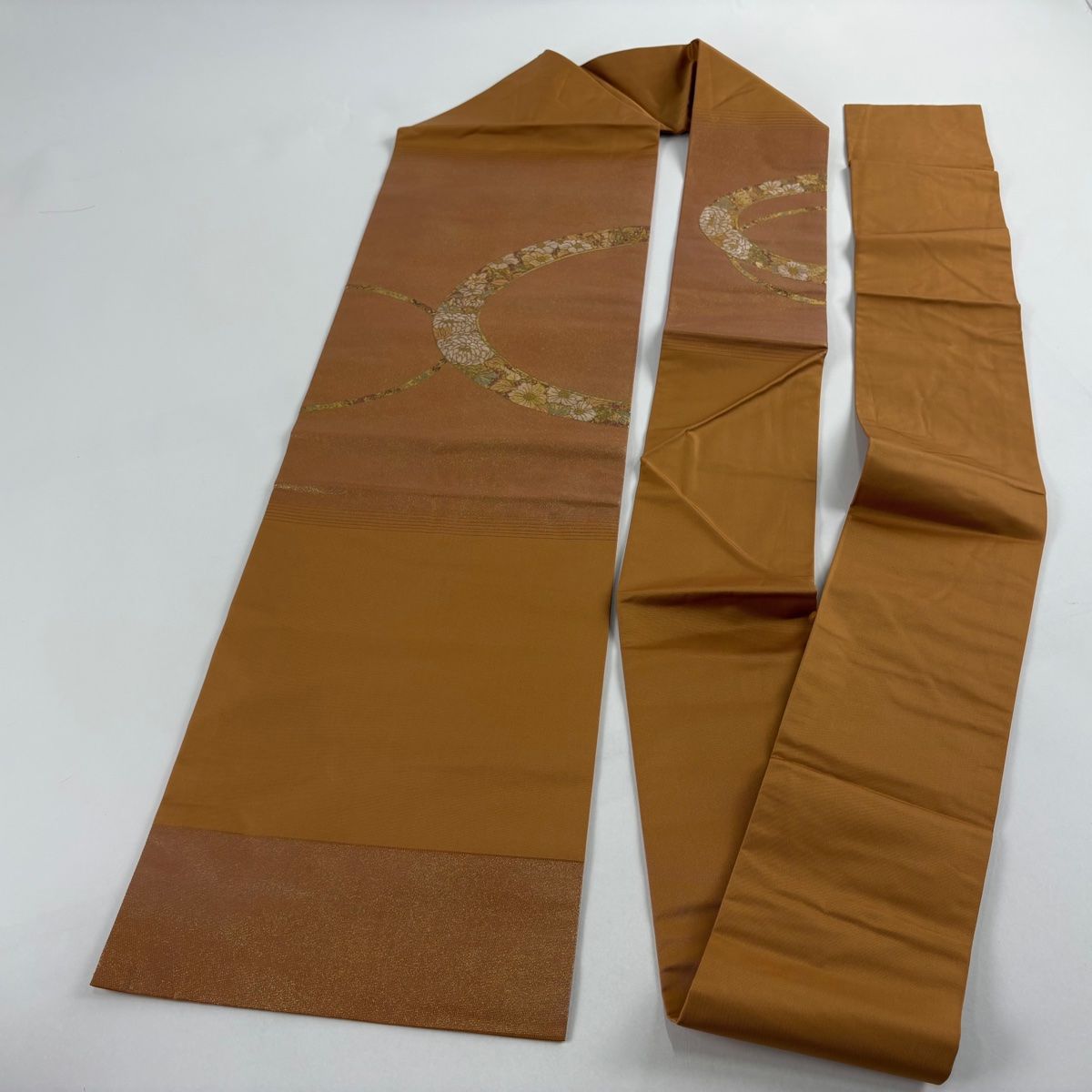  名古屋帯 秀品 菊 草花 箔 オレンジ 正絹 名古屋帯 帯