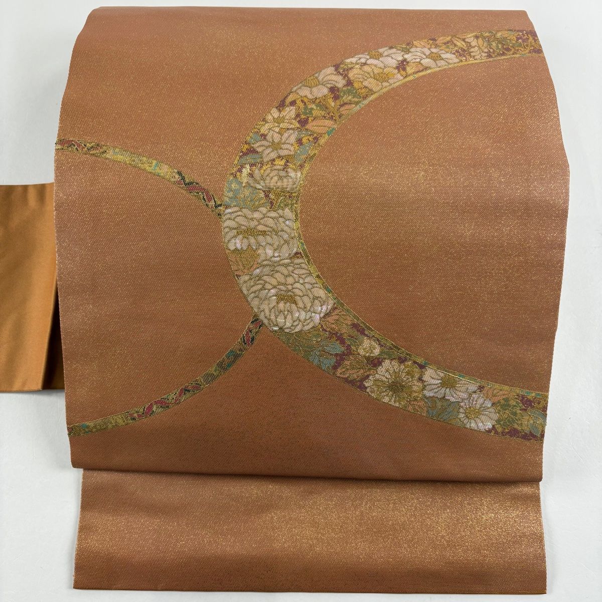 名古屋帯 秀品 菊 草花 箔 オレンジ 正絹