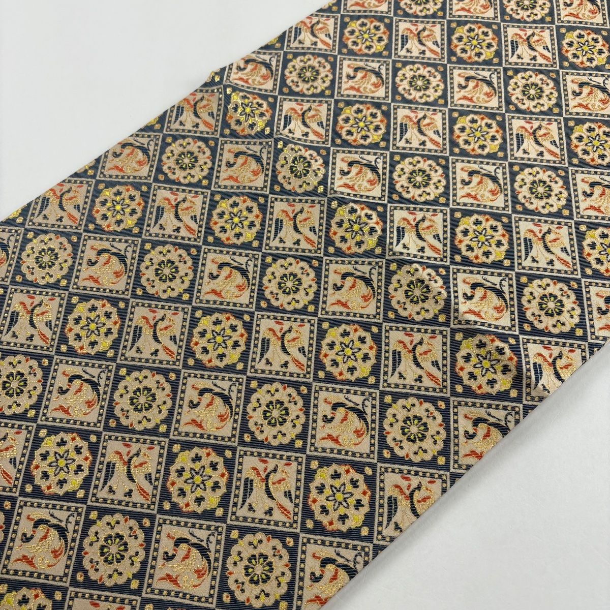  開き名古屋帯 秀品 菱 華文 箔 青灰色 正絹 名古屋帯 帯