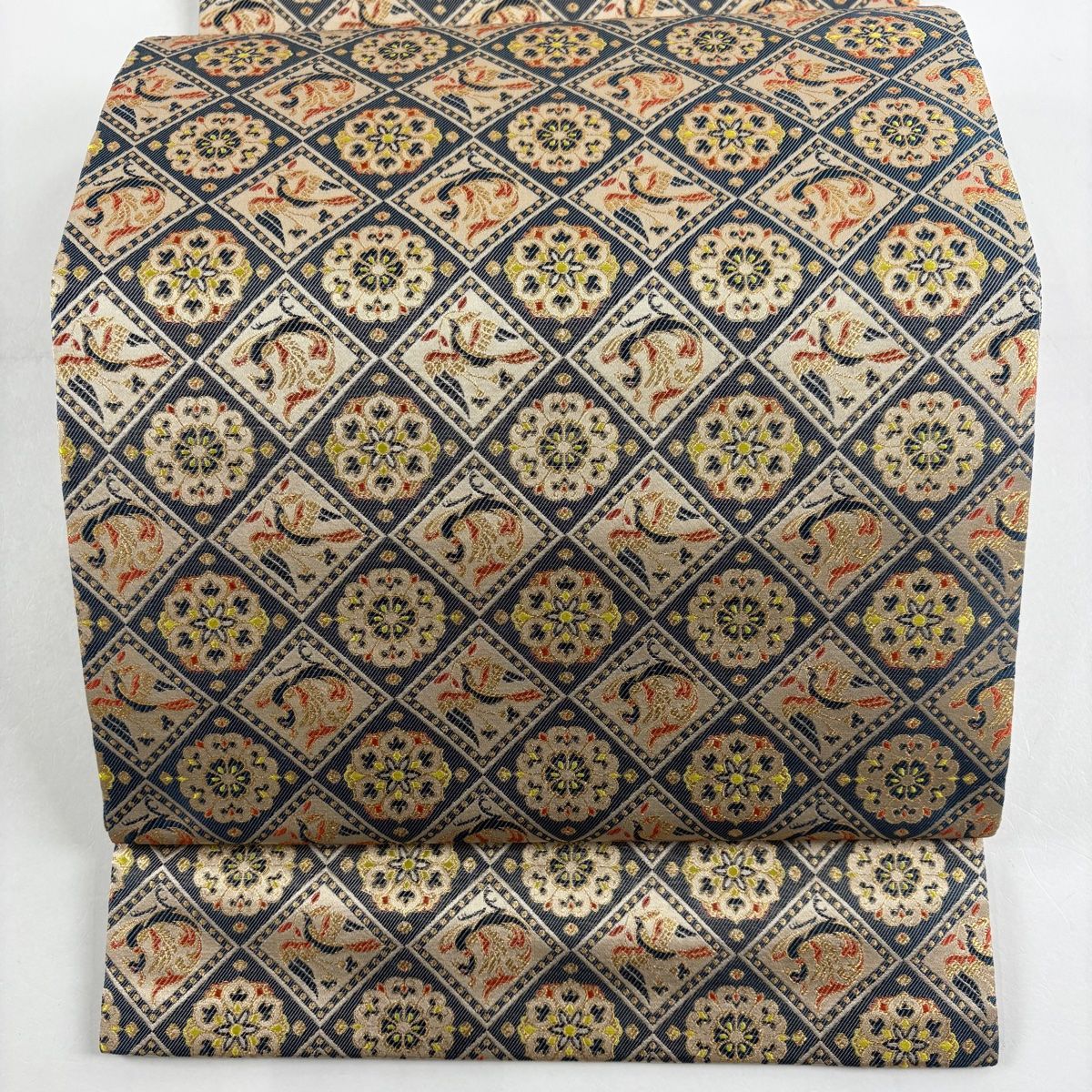 開き名古屋帯 秀品 菱 華文 箔 青灰色 正絹