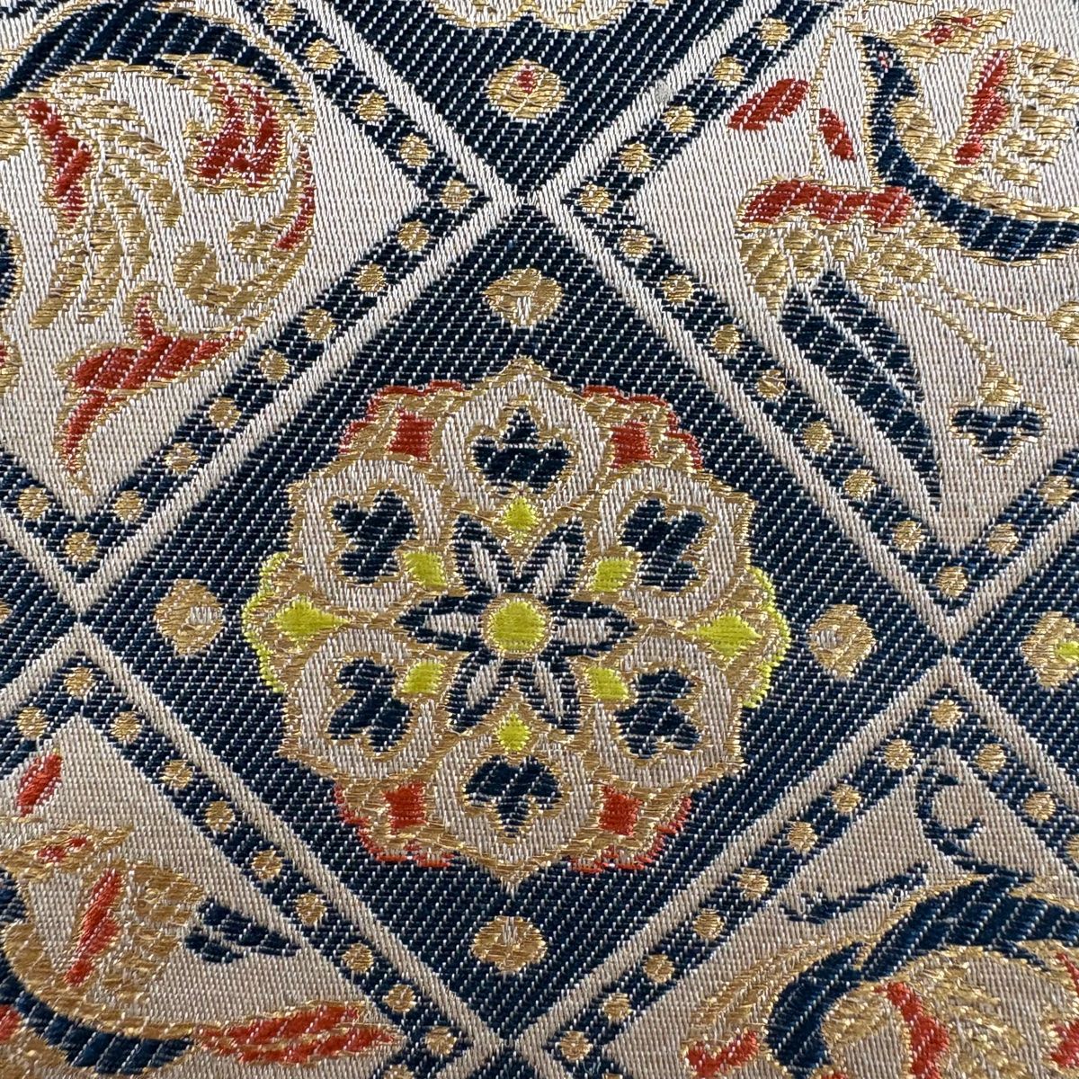 開き名古屋帯 秀品 菱 華文 箔 青灰色 正絹