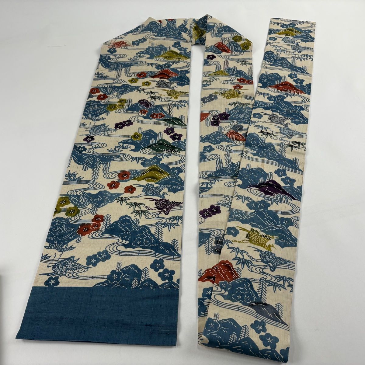  名古屋帯 秀品 紬地 梅 流水 青灰色 正絹 名古屋帯 帯