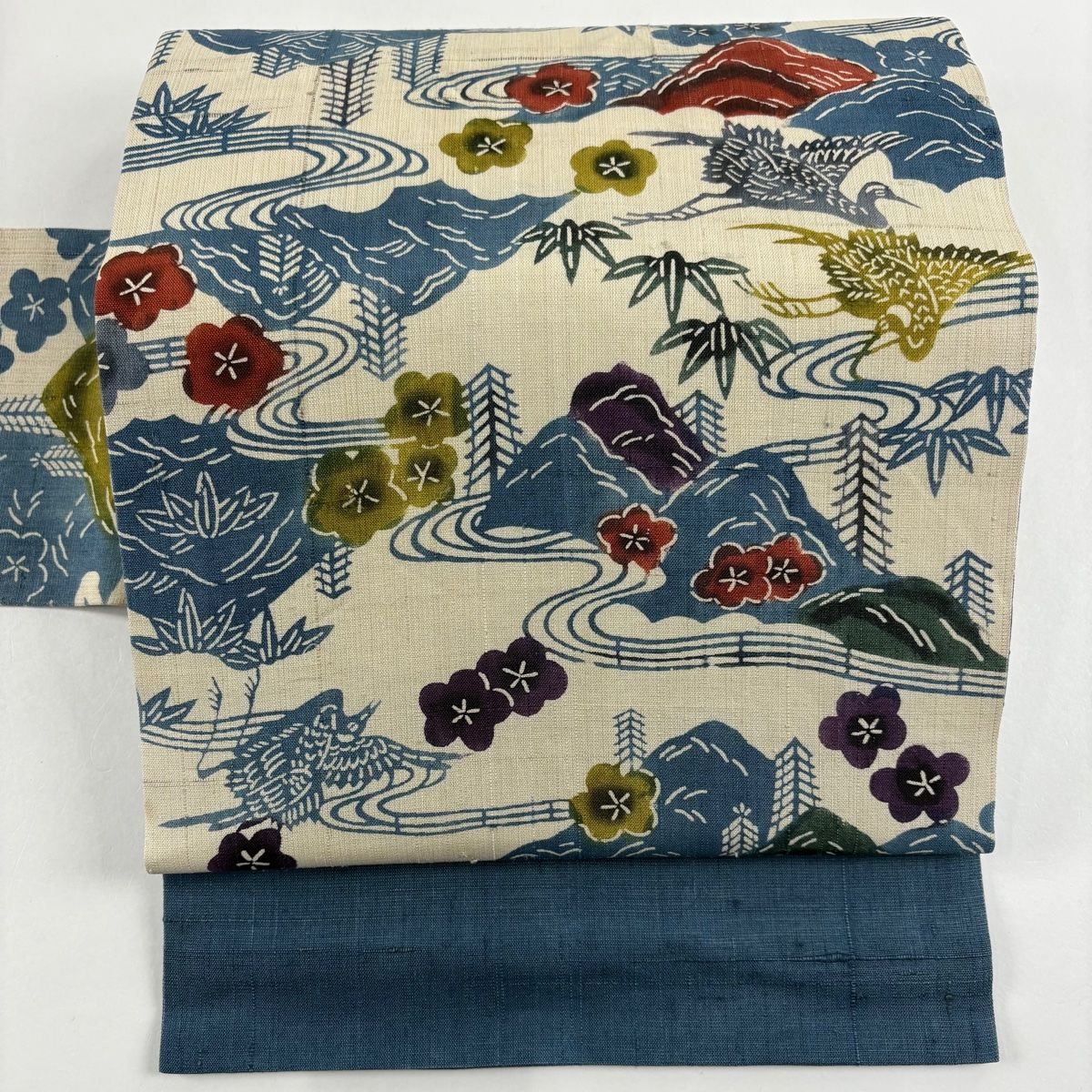 名古屋帯 秀品 紬地 梅 流水 青灰色 正絹