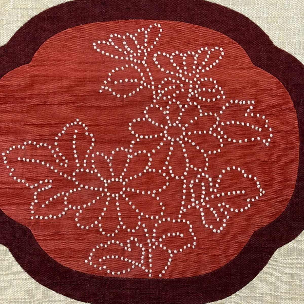 名古屋帯 秀品 紬地 草花 刺子刺繍 ベージュ 正絹