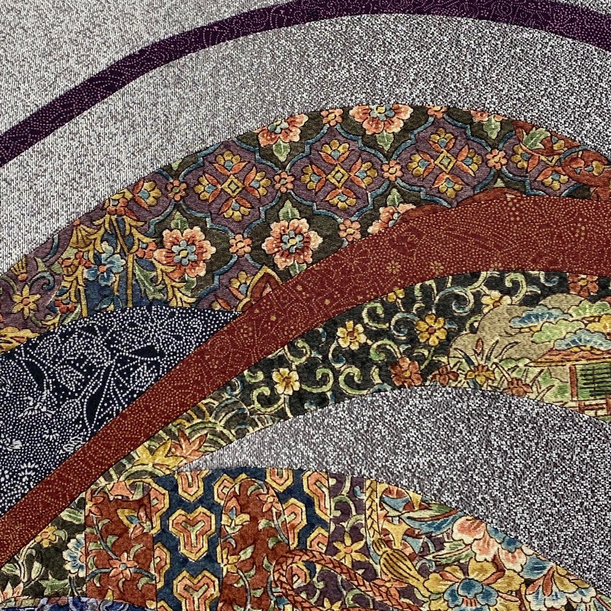 名古屋帯 秀品 やまと 草花 切り嵌め 箔 灰色 正絹