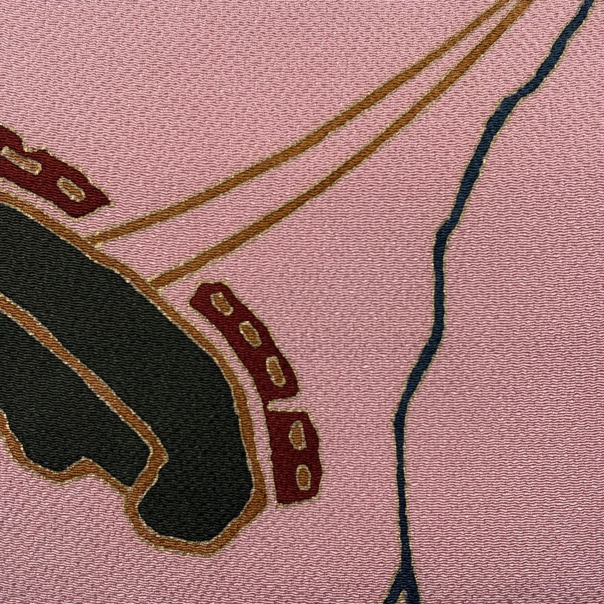 開き名古屋帯 秀品 葉柄 幾何学模様 金彩 縮緬 ピンク 正絹