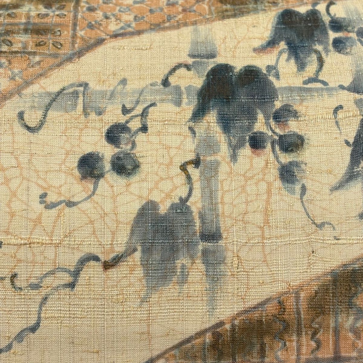 開き名古屋帯 秀品 紬地 葡萄 幾何学模様 金彩 薄オレンジ 正絹