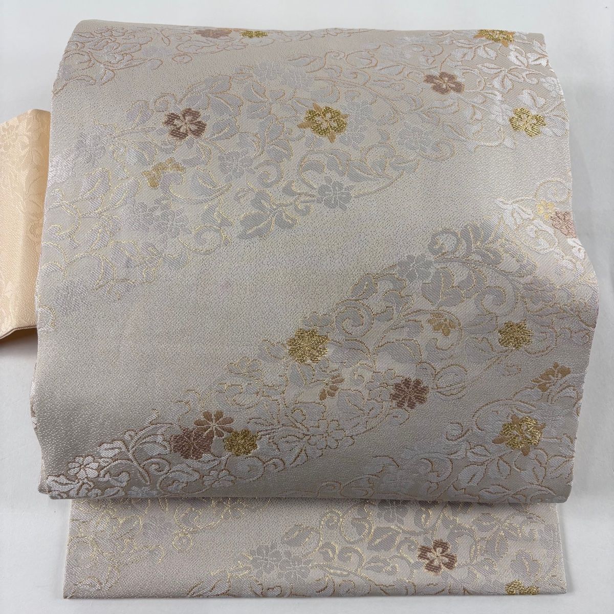 名古屋帯 秀品 花唐草 金糸 箔 灰色 正絹