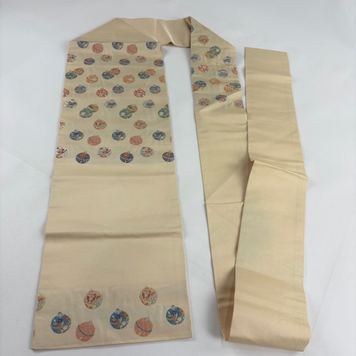  名古屋帯 秀品 関西仕立て 鈴 草花 金銀糸 箔 クリーム 正絹 名古屋帯 帯