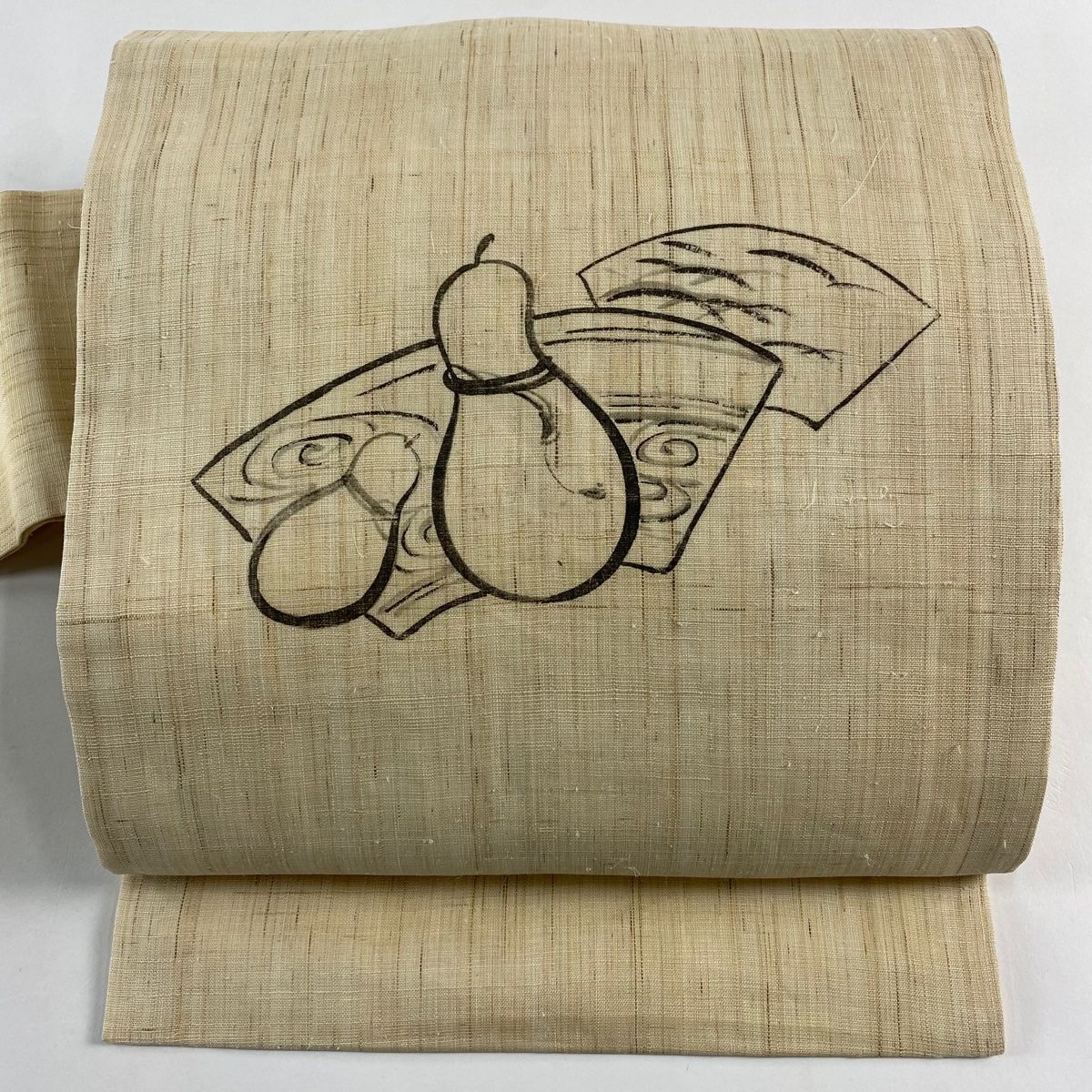 名古屋帯 秀品 夏紬地 扇面 瓢箪 ベージュ 麻