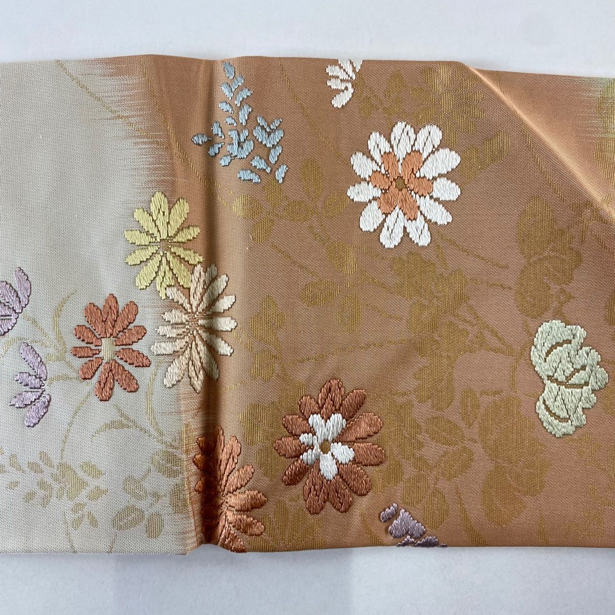  名古屋帯 秀品 草花 唐織 金糸 薄オレンジ 正絹 名古屋帯 帯