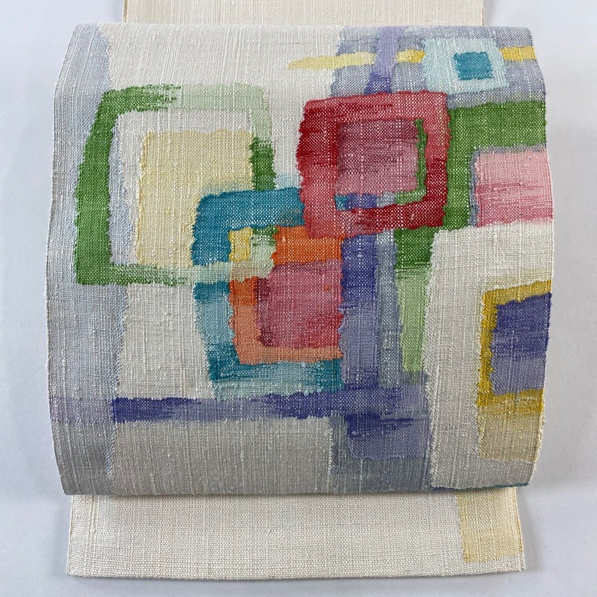 名古屋帯 秀品 八寸名古屋帯 松葉仕立て 幾何学 クリーム 正絹