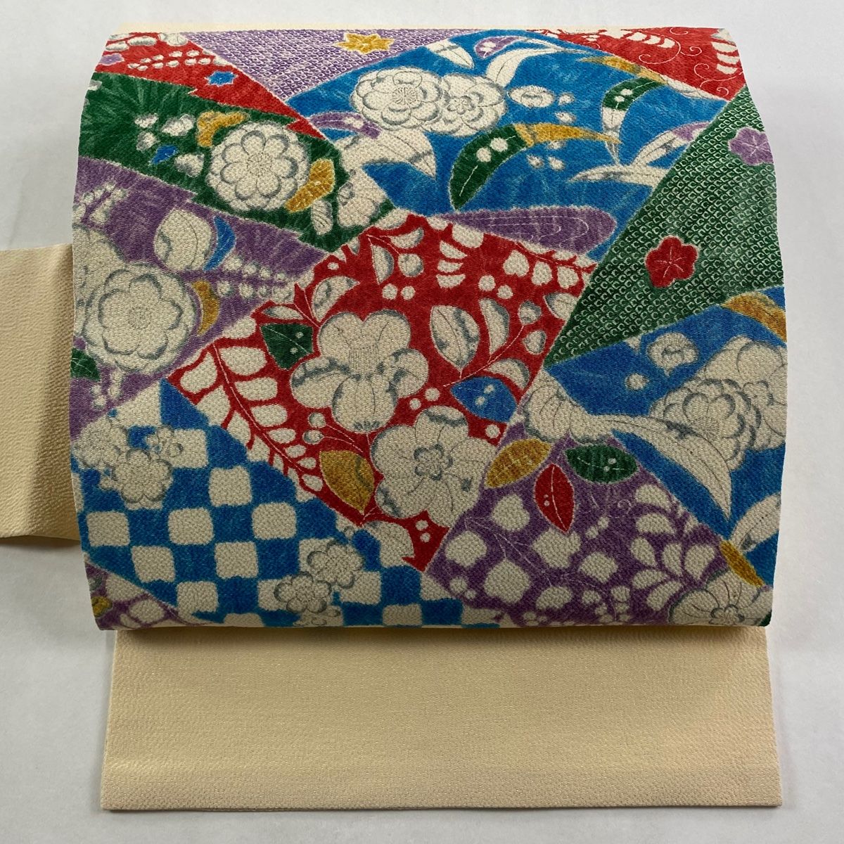 名古屋帯 秀品 椿 梅 縮緬 ベージュ 正絹