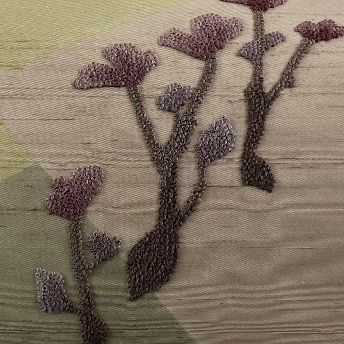 名古屋帯 秀品 紬地 草花 幾何学模様 刺繍 灰茶 正絹