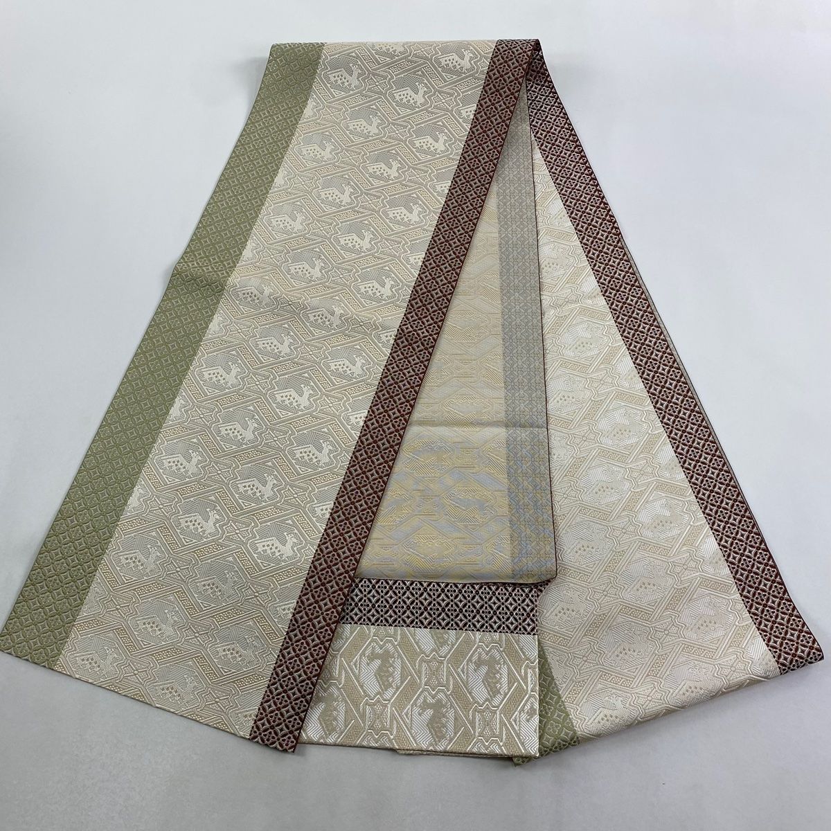  名古屋帯 秀品 松葉仕立て 八寸名古屋帯 有栖川 七宝 薄茶色 正絹 名古屋帯 帯