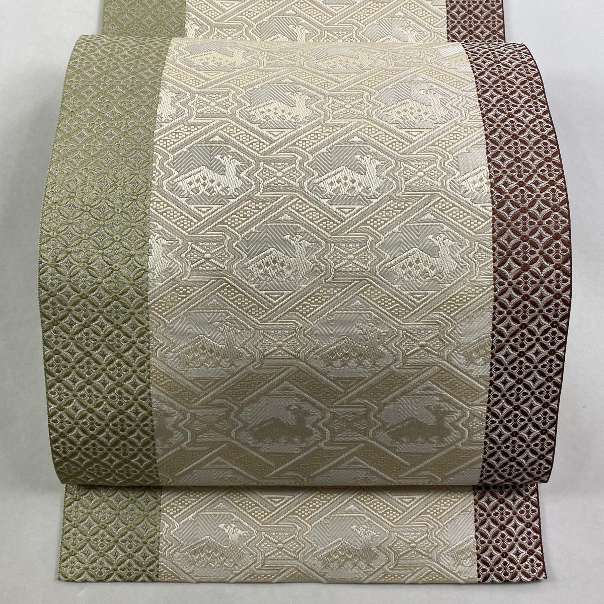 名古屋帯 秀品 松葉仕立て 八寸名古屋帯 有栖川 七宝 薄茶色 正絹