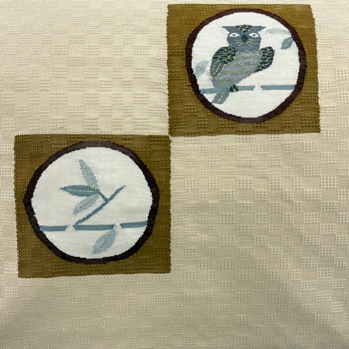 名古屋帯 八寸名古屋帯 木兎 笹 金糸 ベージュ 正絹