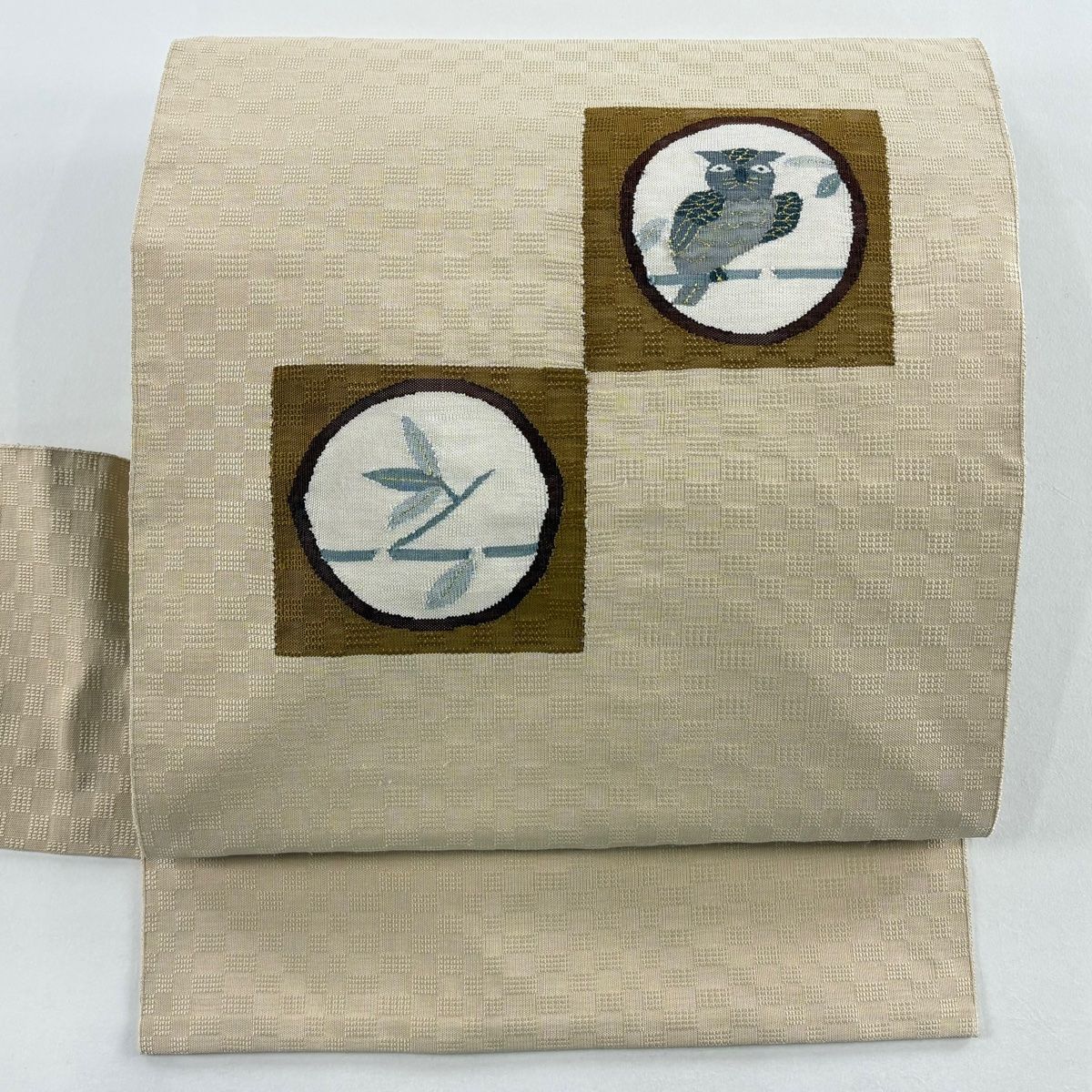 名古屋帯 八寸名古屋帯 木兎 笹 金糸 ベージュ 正絹