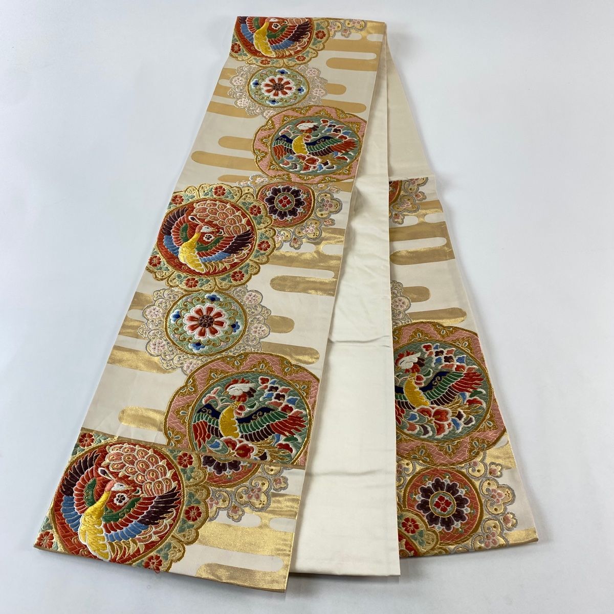 河合美術織物　袋帯　本金箔　唐織 袋帯 名品 河合美術織物 落款 鳥 華文 箔 金銀糸 ベージュ 六通 正絹
