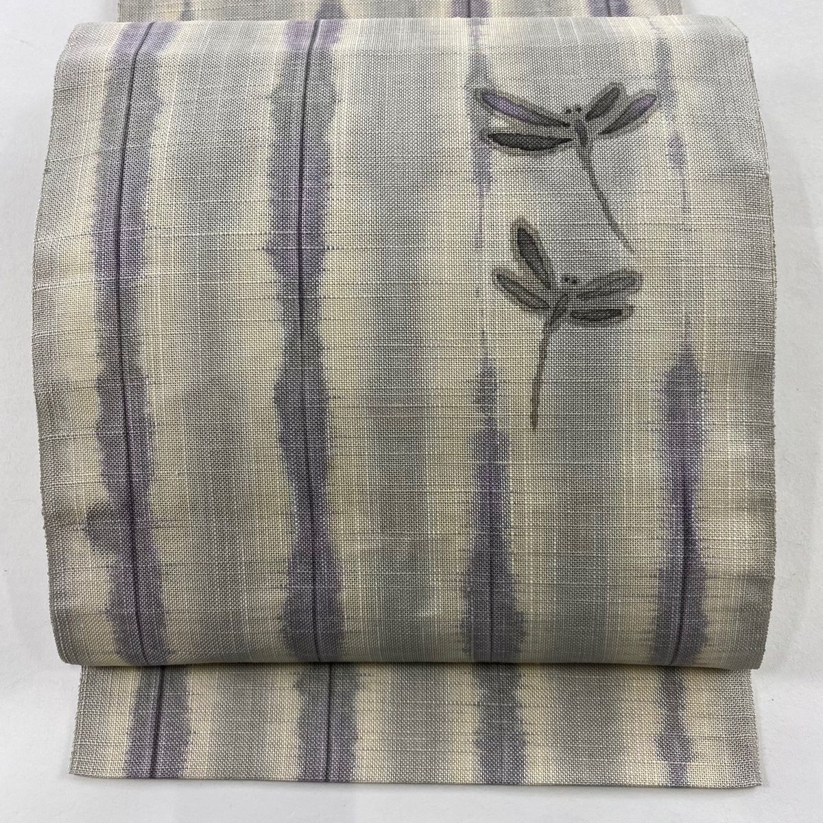 名古屋帯 夏帯 八寸名古屋帯 松葉仕立て トンボ 縞 灰紫 麻