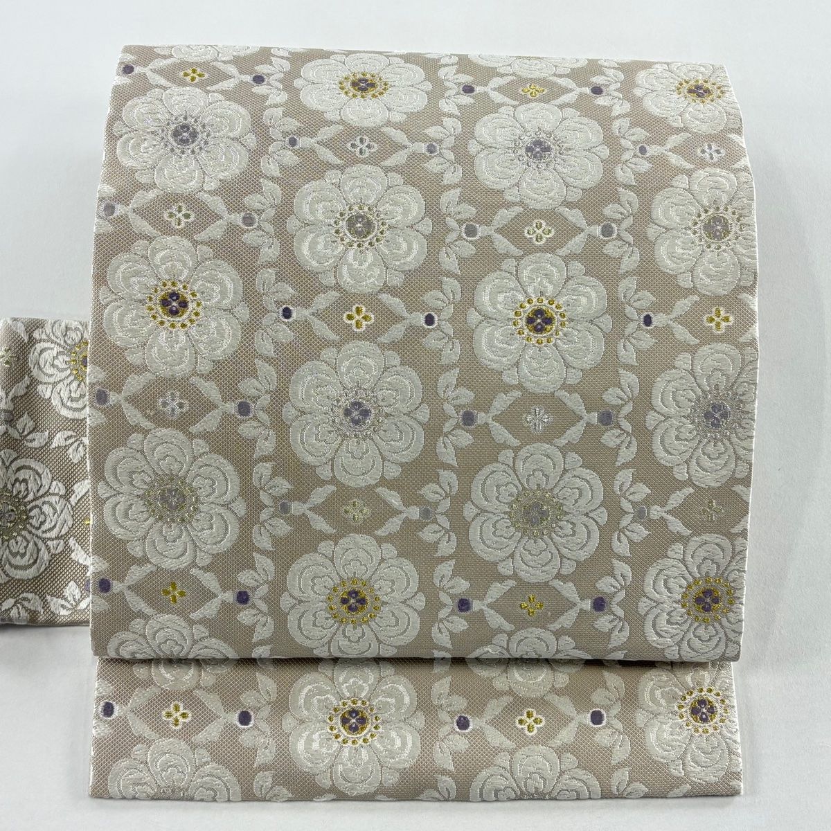 名古屋帯 花 唐織 金銀糸 薄茶色 正絹