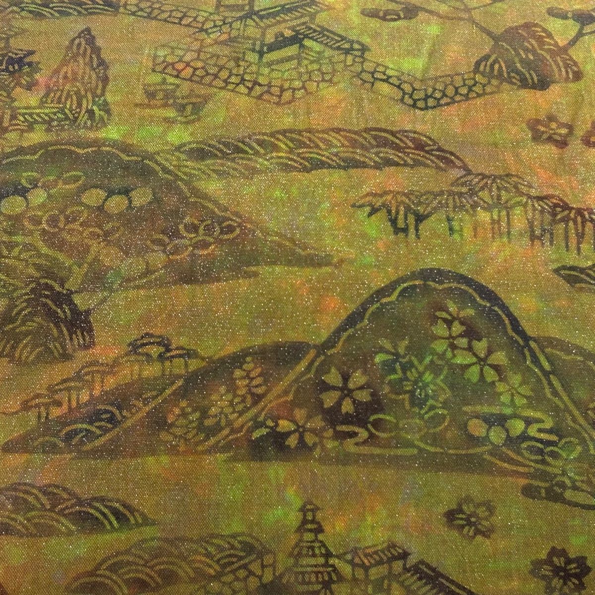 名古屋帯 夏帯 建物 山 銀通し 紅型染 茶緑色 正絹