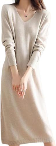 MARIA MARFA Vネック ふんわり ニット ワンピース ロングワンピ マキシ丈 大人 上品 秋 冬 セーター 長袖 きれいめ おしゃれ 秋物 ベージュ 4 A-M 15-BEM