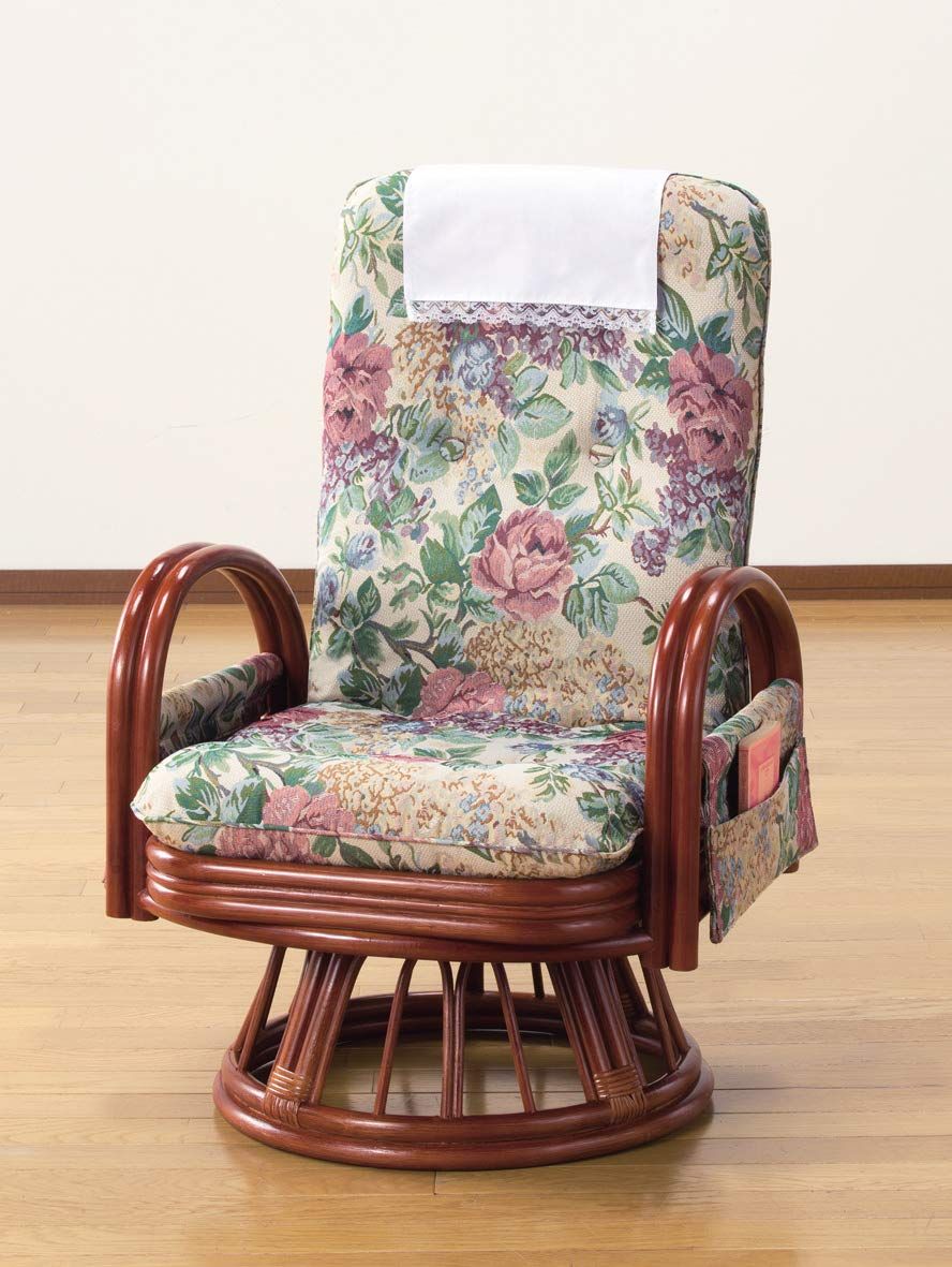 ファミリー ライフ Family-life 座椅子 花柄 約幅55×奥行65〜93×高さ78〜91cm 籐製 リクライニング機能付き