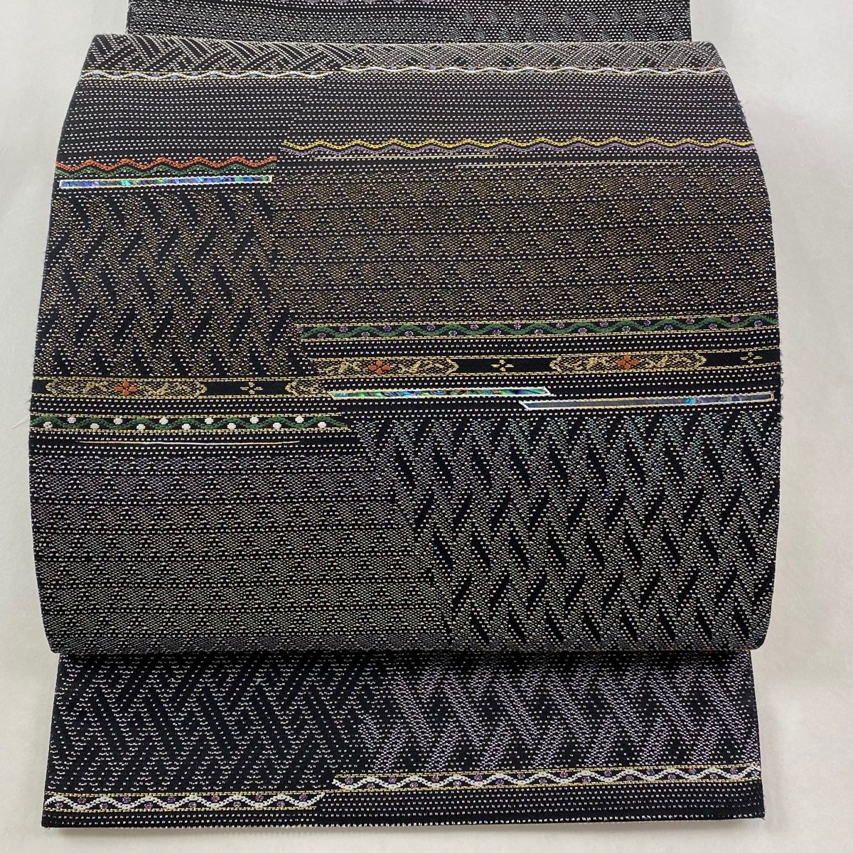 袋帯 逸品 吉祥違棚棚文 螺鈿輪奈織 吉祥違棚文 螺鈿 七宝箔 黒 六通