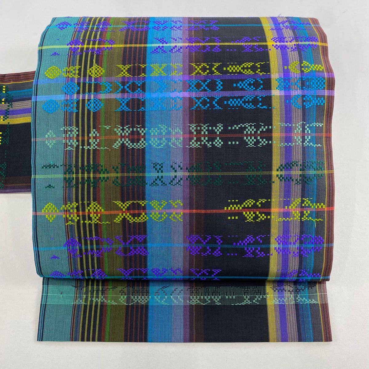 名古屋帯 紬地 ますいわ屋 幾何学模様 縞 焦茶色 正絹