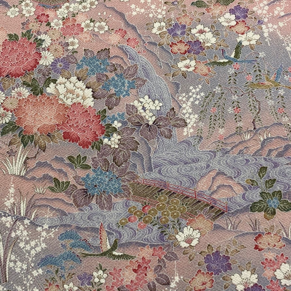 反物 秀品 小紋 滝 草花 縮緬 ピンク 正絹