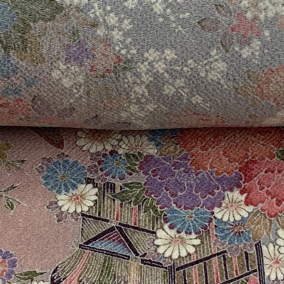  反物 秀品 小紋 滝 草花 縮緬 ピンク 正絹 小紋 着物反物