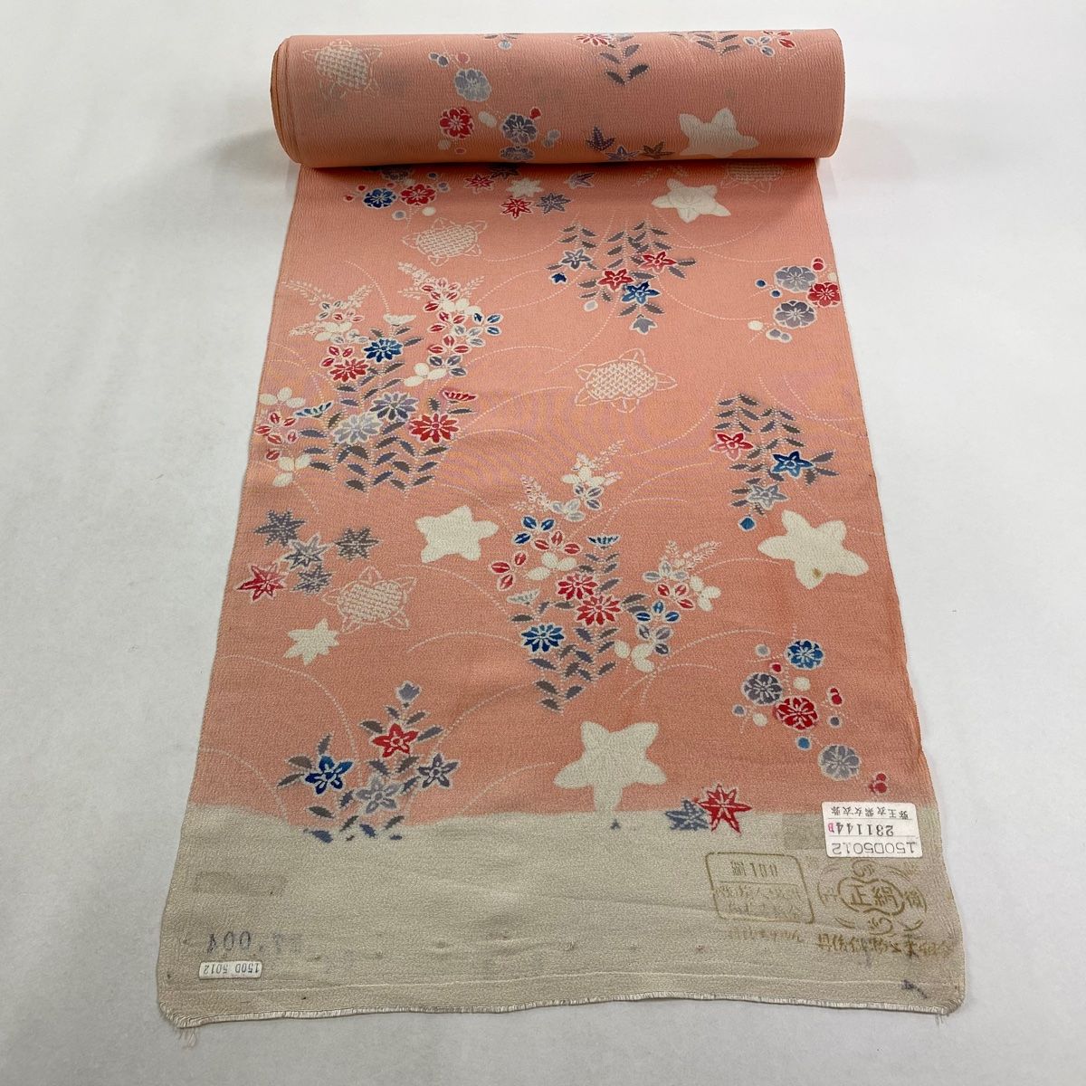 反物 秀品 小紋 草花 縮緬 ピンク 正絹