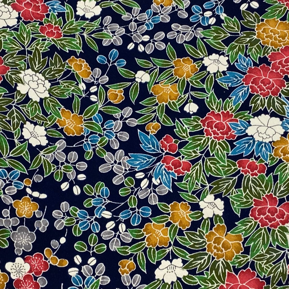 反物 秀品 小紋 草花 牡丹 縮緬 紺色 正絹