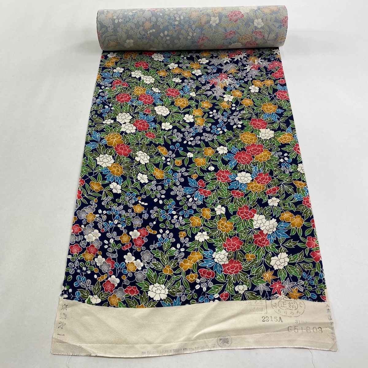 反物 秀品 小紋 草花 牡丹 縮緬 紺色 正絹