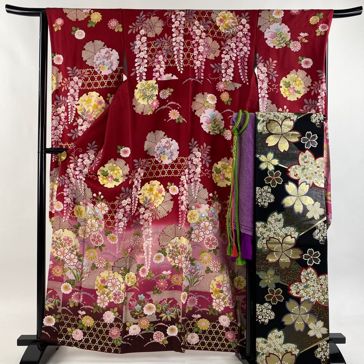 振袖 身丈162 5 cm 裄丈66 M 袷 袋帯フルセット やまと 雪輪 桜 金糸 金彩 赤 正絹