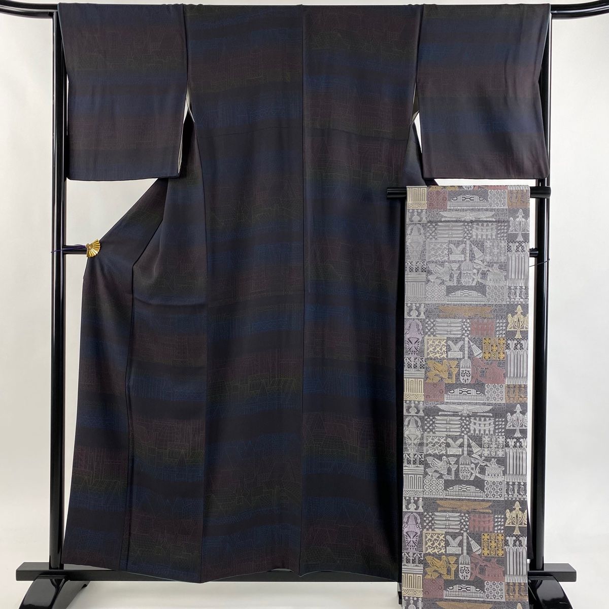 小紋 身丈157 cm 裄丈66 5 M 袷 袋帯セット 建物 紫 正絹 秀品