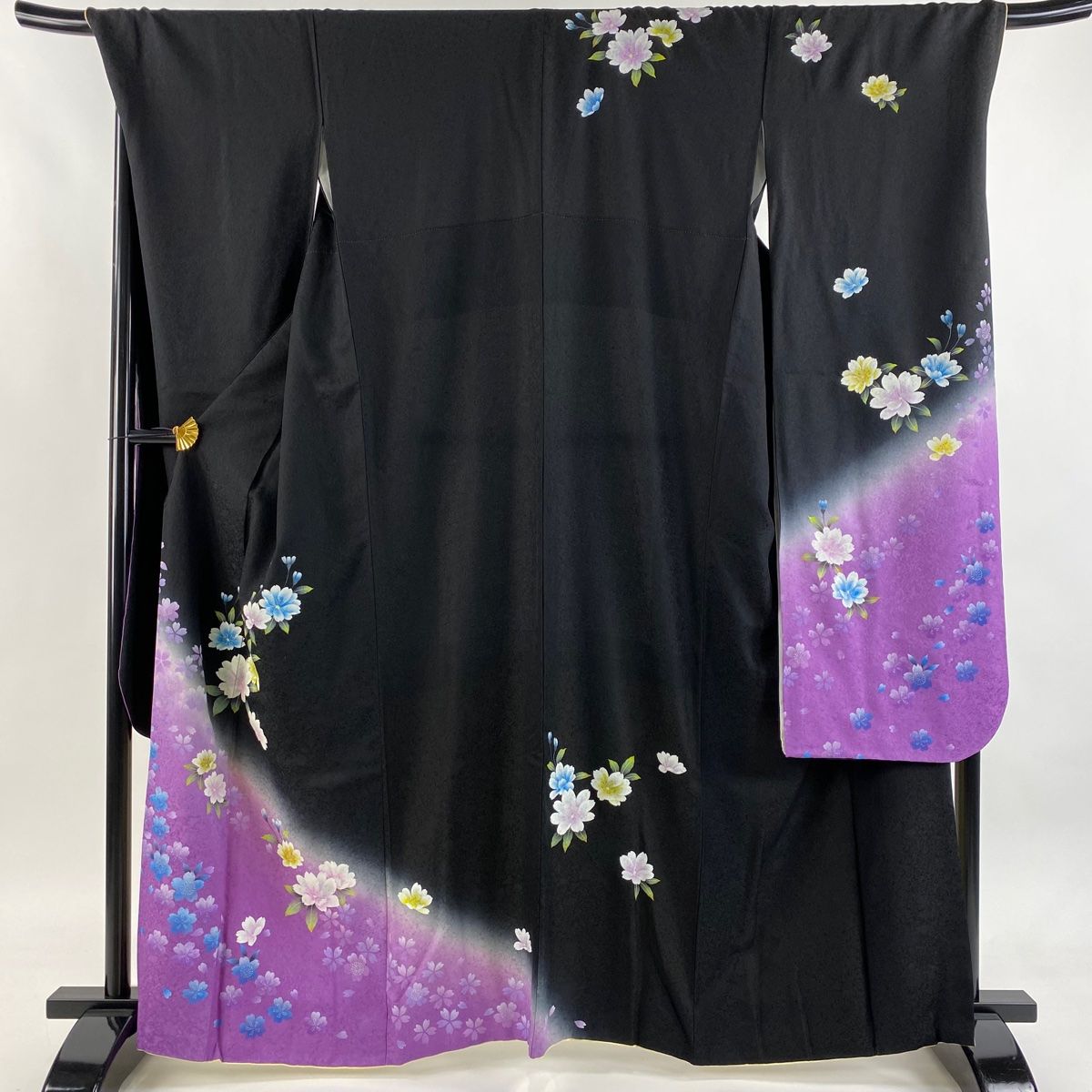  振袖 身丈163 cm 裄丈72 5 L 袷 袋帯フルセット 桜 桜の花びら 染め分け ぼかし 黒 正絹 秀品 振袖 着物