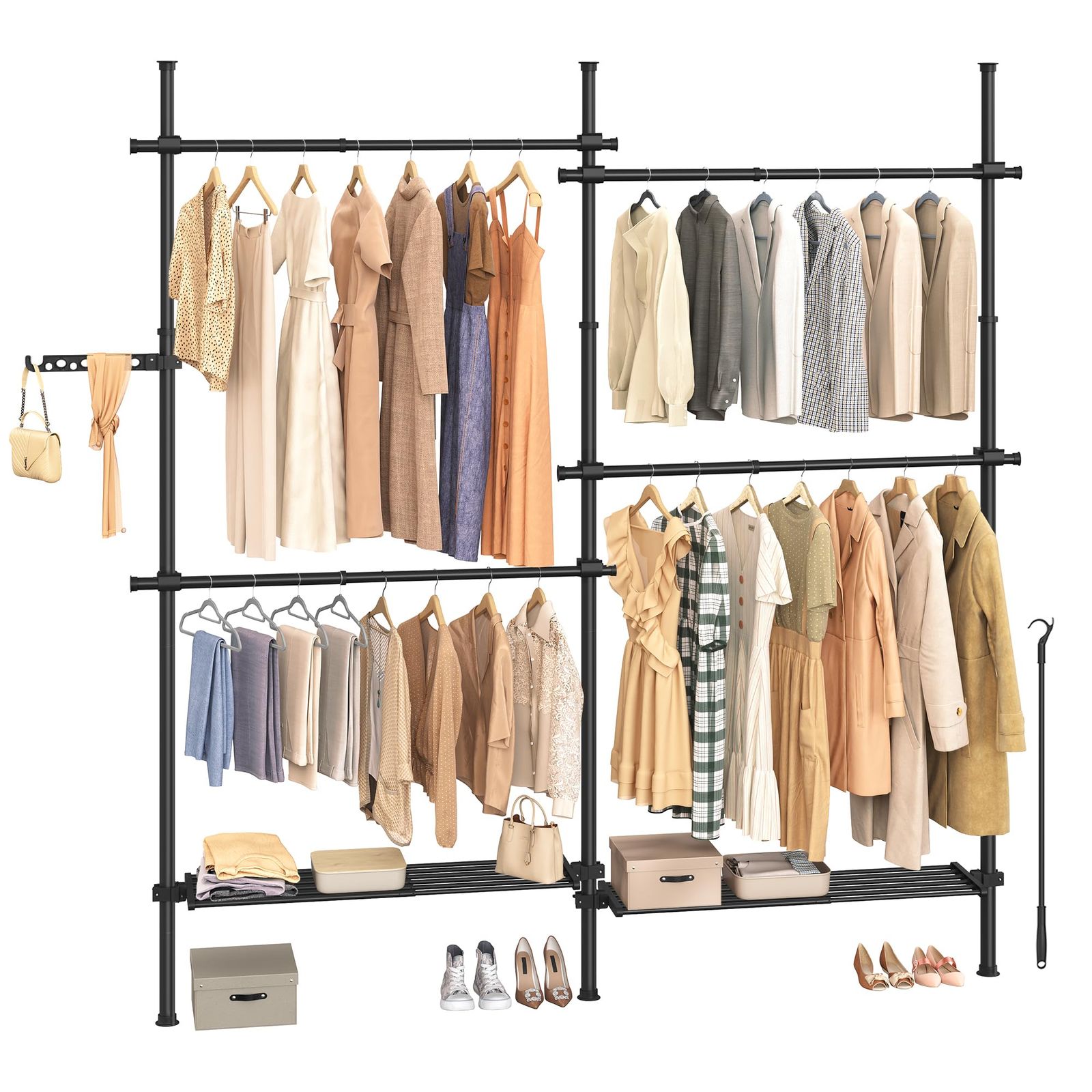 衣類収納 鞄掛け 横162-238cm 縦208-310cm 室内 ベランダ物干しラック L字型設置 洋服掛けスタンド 2列 ブラック 伸縮式ランドリーラック ツッパリ式 HSR154B01 ハンガーラック