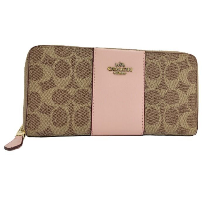 COACH ラウンドファスナー長財布 シグネチャー PVC レザー ベージュ系 ピンク系