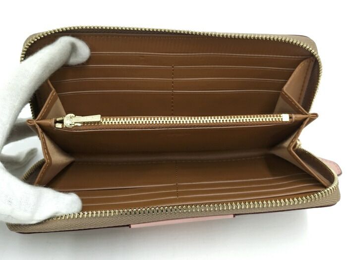 COACH ラウンドファスナー長財布 シグネチャー PVC レザー ベージュ系 ピンク系