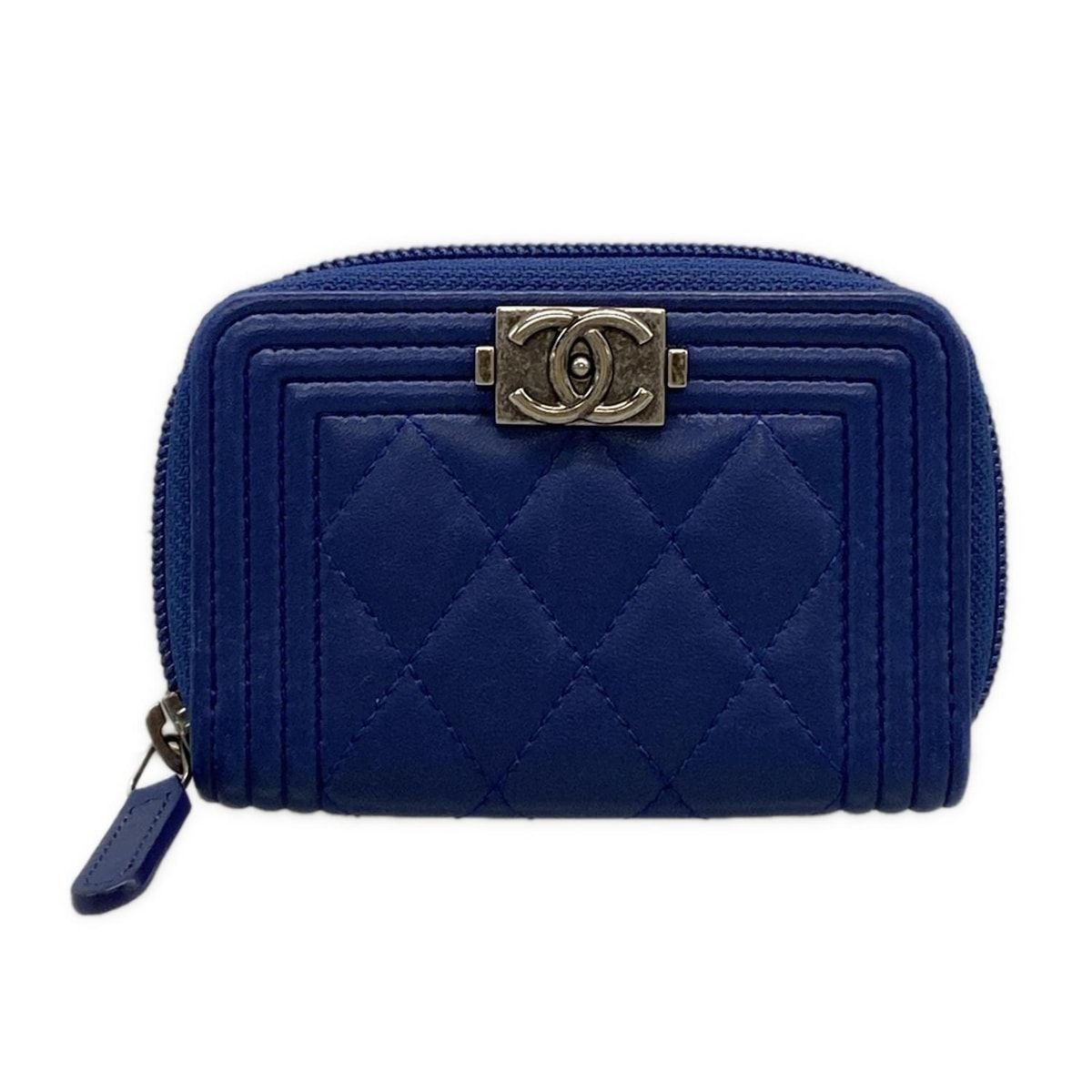 CHANEL シャネル コインケース ボーイシャネル A80602 ネイビー ラウンドファスナー シルバー金具 ラムスキン