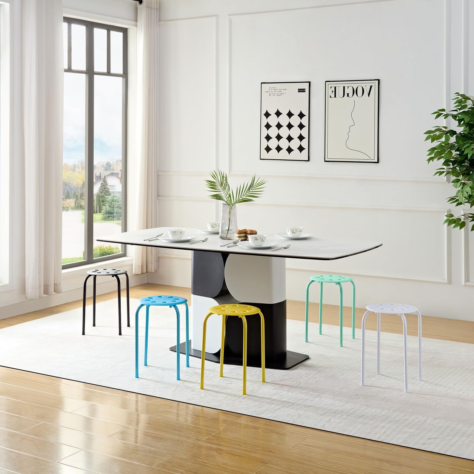 VECELO 丸イス パイプ椅子 6脚セット 幅30X奥行30X高さ45cm スタッキング シンプル 軽量 携帯便利 積み重ね スツール 頑丈 通気 腰掛け 完成品 防水 食卓椅子 オフィススツール ダイニングチェア 白 ホワイト