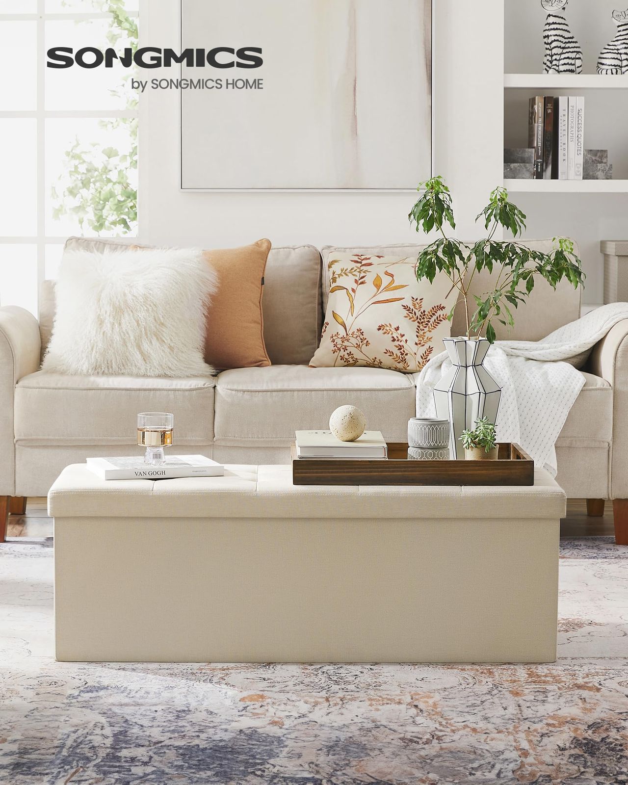 オットマン 収納 スツール 収納 ベンチ 収納ボックス 耐荷重300kg 収納 足置き 椅子 ボックス 持ち運びに便利 ふた付き 幅110x奥行き38x高さ38cm ベージュ LSF77BEV1