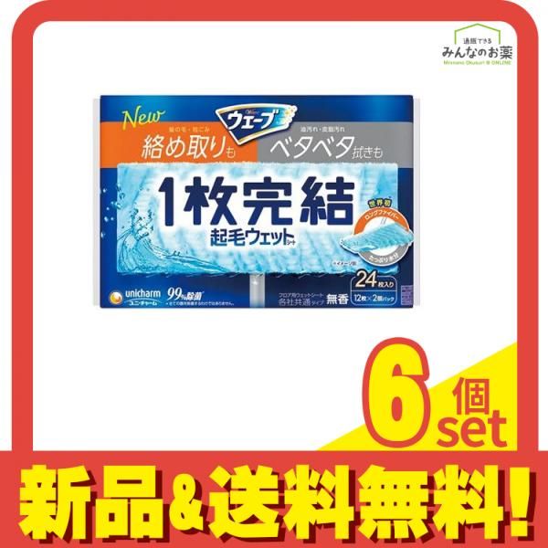 ウェーブ フロア用 1枚完結 起毛ウェットシート 無香 24枚入 (12枚×2個パック) 6個セット まとめ売り